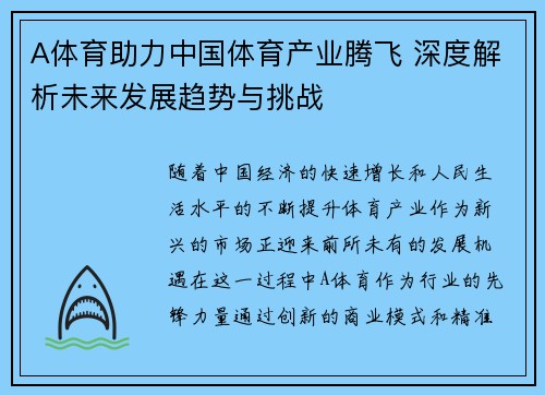A体育助力中国体育产业腾飞 深度解析未来发展趋势与挑战